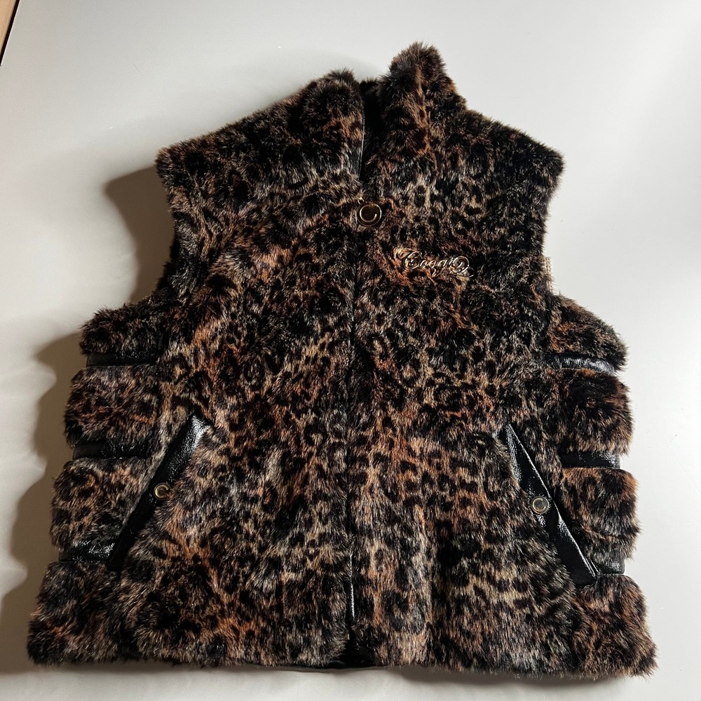 Coogi Faux Fur Leopard Print Vest Womens Large Brown Animal Print Zip Front L